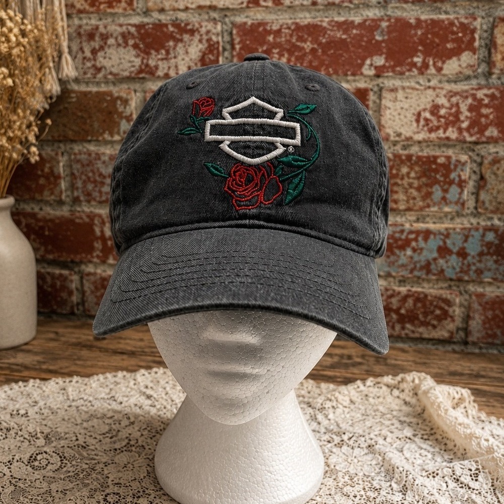Harley Davidson Rose Embroidered Baseball Cap Hat Adjustable Biker Grunge Y2K